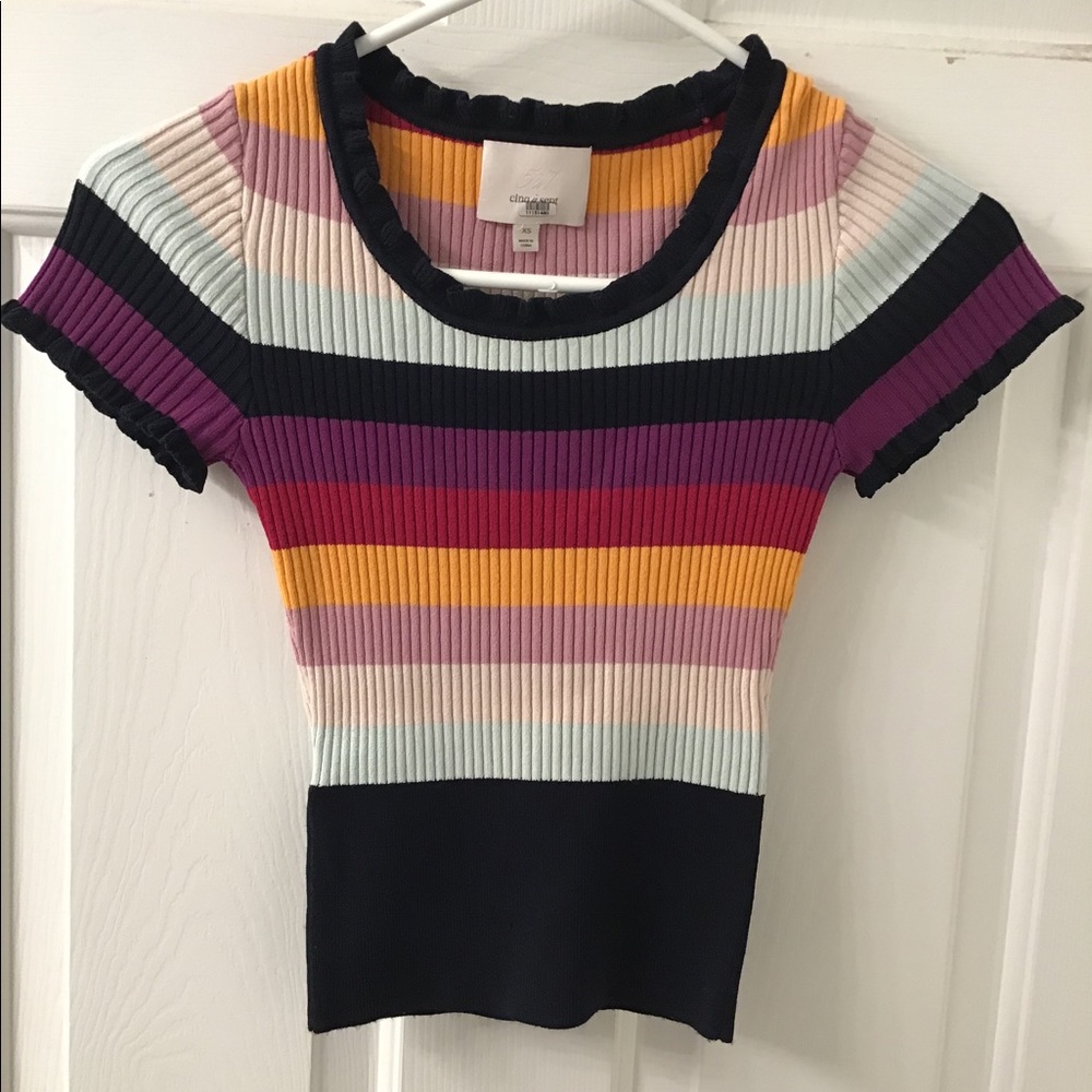 CINQ A SEPT RUFFLE NECK STRIPE SWEATER TOP EUC XS